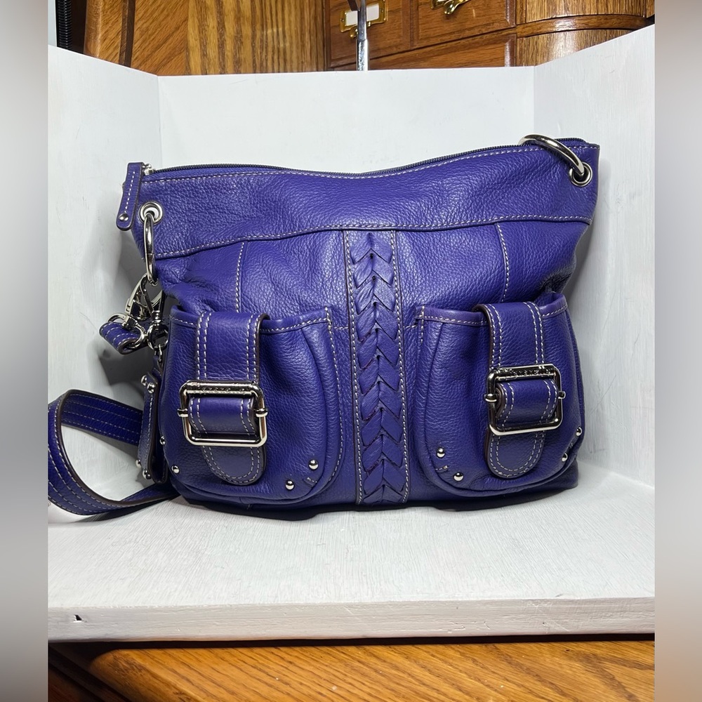 Tignanello A220099 Purple Leather Double Front Pocket Crossbody with Mirror Key